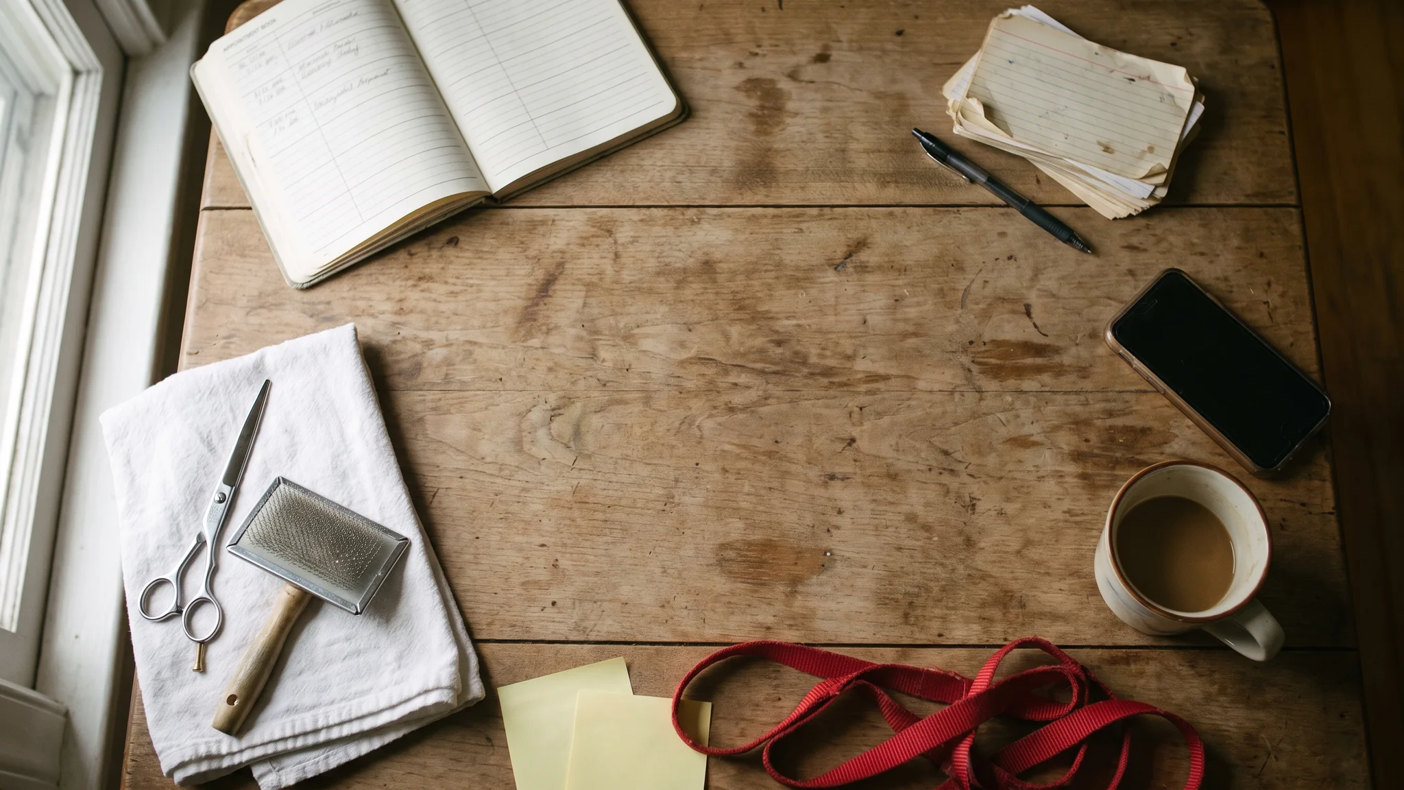 A paper appointment book and a stack of index cards on a wooden table, beside grooming scissors and a slicker brush on a folded white towel, a coiled red lead, sticky notes, a phone face down and a mug of coffee.